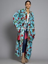 Bleu Turquoise Oiseau Velours Banyan Tissu Kimono Coton Robe Veste Longue