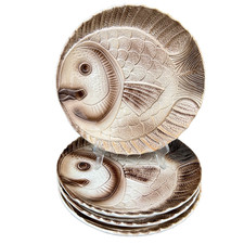 4 grandes assiettes vintage forme Poisson Sarreguemines barbotine majolica 25 cm