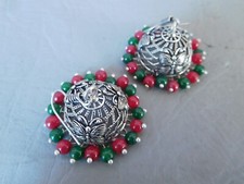 Boucle d'oreille pendentif grise argent cloche jhumka papillon perle rouge verte