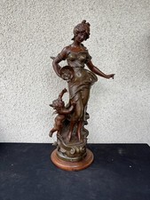 Sculpture "Char de l'Abondance" Auguste Moreau – Femme et Putto en régule