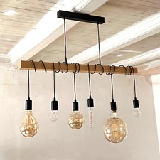 Suspension Lampe Bois Métal 6 Ampoules Suspendues Industriel Design Contemporain