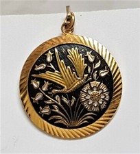 BIJOU VINTAGE PENDENTIF OR DE TOLÈDE DAMASCÈNE FLORAL OISEAU # D7