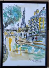 AQUARELLE PARIS LE PONT NEUF LA TOUR EIFFEL TABLEAU PEINTURE JUMEAUX JEAN PIERRE