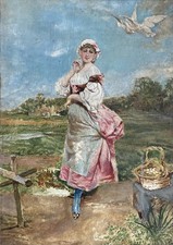 Tableau ancien «  Marie-Antoinette au hameau de Versailles » huile sur panneau