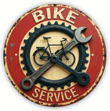 Plaque Murale Métal Ronde "BIKE SERVICE" Art Déco Vintage