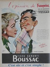 PUBLICITÉ 1955 TISSGAR LES MOUCHOIR SÛRE DE PLAIRE TISSUS BOUSSAC - COURONNE
