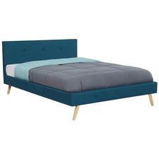 Lit double scandinave OSLO avec tête de lit et sommier 160 x 200 cm tissu bleu c
