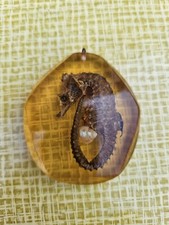 Ancien Pendentif Vintage Hypocampe Dans Résine Couleur Ambre Annees 70