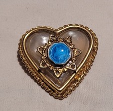 Bijoux Anciens Broche Coeur La Vierge Marie Laiton Doré & Lucite Nacrée #L# F9