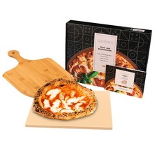GOURMEO Kit Pierre à Pizza & Pelle en Bamboo - 38x30cm - Pierres a Pizzas en