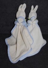 ?Doudou Lapin Mouchoir KLORANE Peluche Boule Blanc Bleu Col Vert  Lot de 2