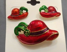 Red Hat Society Club earrings brooch pin pendant SET Rhinestone Green Enamal