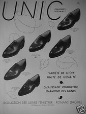 PUBLICITÉ 1935 UNIC CHAUSSURES D'HOMMES VARIÉTÉ DE CHOIX HARMONIE DES LIGNES