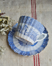 ANCIENNE TASSE ET SOUS TASSE A CAFE LUNEVILLE TERRE DE FER BLEU "DENTELLE"