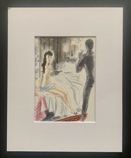 Tableau ancien estampe gravure illustration couleur femme nue assise curiosa XX