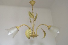 Lustre français vintage 3 feuilles vert clair en toleware avec abat-jour en verre 5516