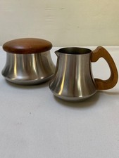 Sucrier et Pot à Lait Létang Rémy en Inox et bois Vintage 80