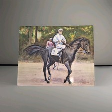 Peinture Aquarelle Scène Animal  Course De Chevaux Avec Jockey Tableau Signé