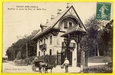cpa CROUY sur OURCQ en 1908 Pavillon Porte du DOMAINE de BELLEVUE Attelage Ânes