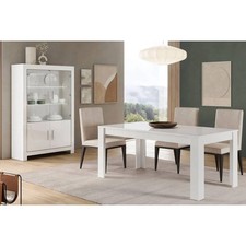 DENAE - Ensemble Séjour Laqué Blanc Brillant Table 160cm + Vitrine 4 Portes avec