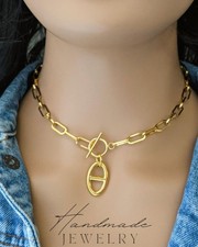 Collier trombone chaîne d'ancre Grosse chaîne acier inoxydable toggle Grain café