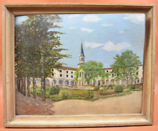 Peinture à l'huile sur bois 1942 - Cour intérieure d'un cloitre - J. G. Lodi