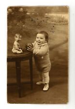 RPPC - TODDLER PLAYS w DOLL. Original Antique Found Photo, 1920s France Toy