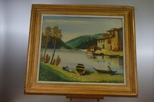 ANCIEN TABLEAU SUR PANNEAU SUPER CADRE SIGNE A GUSTIN 1962 HUILE LE LAVOIR TOILE
