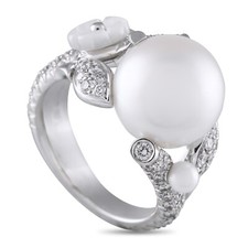 Mikimoto 18K White Gold 1.10ct Diamond and Pearl Ring