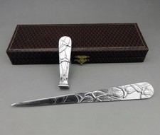 ART DECO ouvre lettre et cachet en bronze argenté sujet Mouettes signé BIZETTE