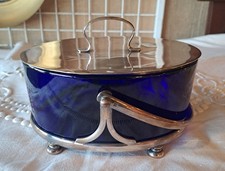 Seau Biscuits En Métal Argenté Et Verre Bleu