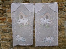 French pair white pastel curtains lace bird floral  motif    24.5'' x 47''  each