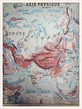 Ancienne carte scolaire géo Rossignol double face Asie politique et physique