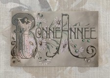 Carte Postale Ancienne Fantaisie Bonne Année Femme Fleurs Art Nouveau CPA 1900