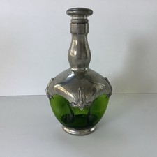Carafe Bouteille Verre Vert Décor Étain Style Art Nouveau Début XXe