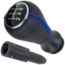 POMMEAU LEVIER DE VITESSE CUIR NOIR FIL BLEU 5+R + ADAPTATEUR POUR PEUGEOT 806