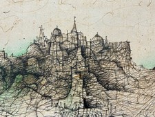 Jean Carzou Dessin Original Aquarelle Encre Sur Papier Lointain Château 1987