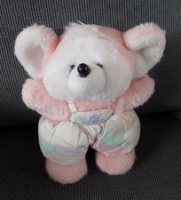 S22 / doudou peluche souris rose blanc motif chat cerises NOUNOURS vintage