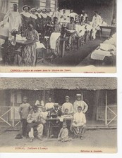 PCB-01 LOT 2 CARTES POSTALES ANCIENNES CONGO BELGE TAILLEUR ATELIER COUTURE 1909