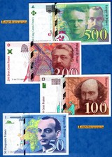 Lot 4 Billets France 500 Francs 200 F 100 F 50 F Curie Eiffel Cézanne St Exupéry