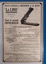 PRESSE A IMPRIMER A LA MAIN LA LINO  1922 publicité advert  