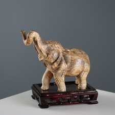 Éléphant en Pierre Ancien Sculpture Support Bois XXe Siècle Original