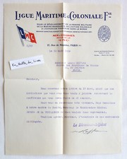 Lettre signée - Ligue Maritime et Coloniale Française 1939