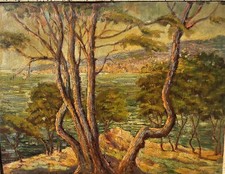 Tableau signé.  Paysage Méditerranéen.  Peinture huile sur panneau D"isorel.