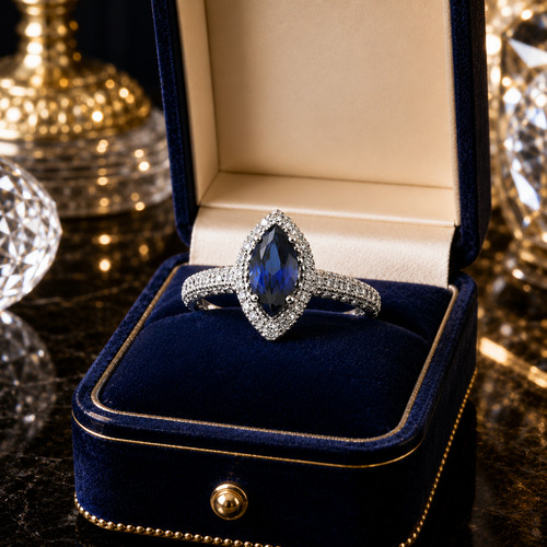 Bague halo saphir bleu - , taillé