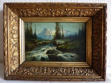 Tableau peinture ancienne paysage montagneux sommet montagne bord de rivère