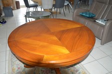 Table à manger ronde en merisier - pied central base tripode, 2 allonges