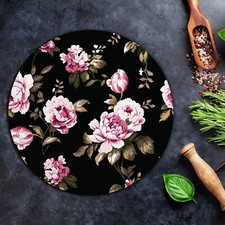 Décorative Planche à Découper Ronde en Verre Imprimée 40 cm Dark fleurs rose
