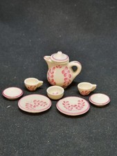 Mini Dînette : Assiettes, Tasses, Théière En Porcelaine En Miniature Décor Rose