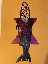 Belle Grande Sérigraphie 1990 Poisson Pêche Jaune A Identifier Papier Estampe